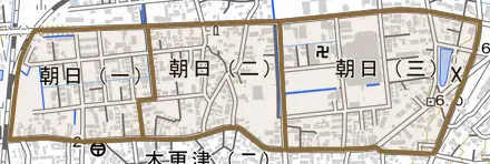 朝日とその周辺の地図。町の範囲を重ねている