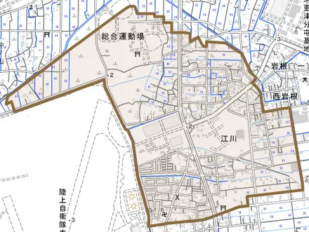 江川とその周辺の地図。町の範囲を重ねている