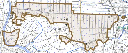 下内橋とその周辺の地図。町の範囲を重ねている