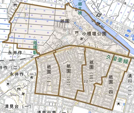 祇園とその周辺の地図。町の範囲を重ねている
