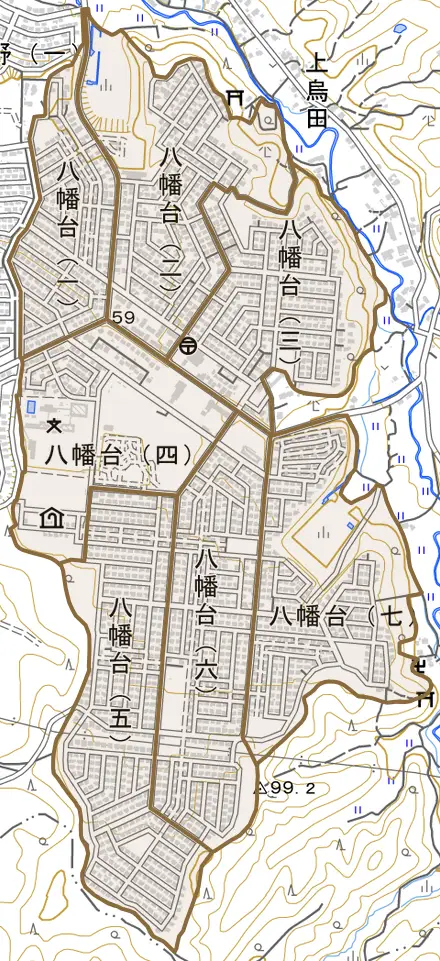 八幡台とその周辺の地図。町の範囲を重ねている