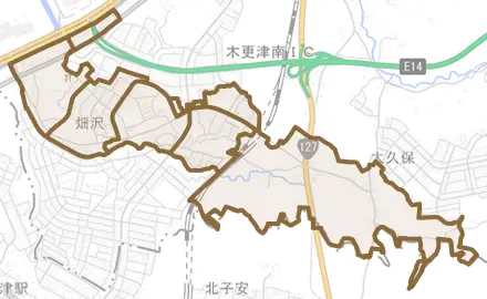 畑沢とその周辺の地図。町の範囲を重ねている
