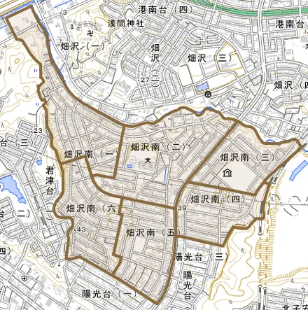 畑沢南とその周辺の地図。町の範囲を重ねている