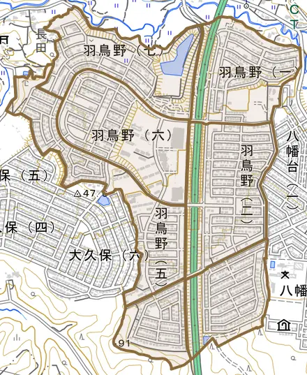 羽鳥野とその周辺の地図。町の範囲を重ねている
