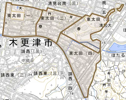 東太田とその周辺の地図。町の範囲を重ねている