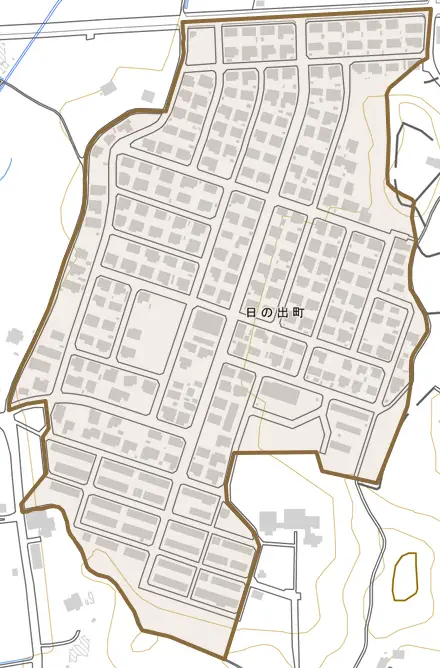 日の出町とその周辺の地図。町の範囲を重ねている