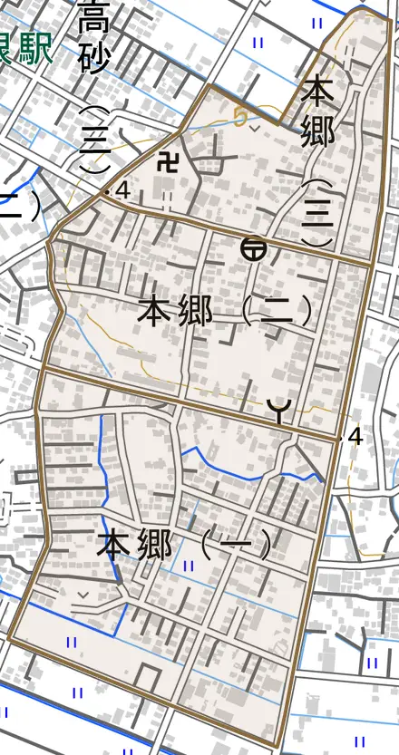 本郷とその周辺の地図。町の範囲を重ねている