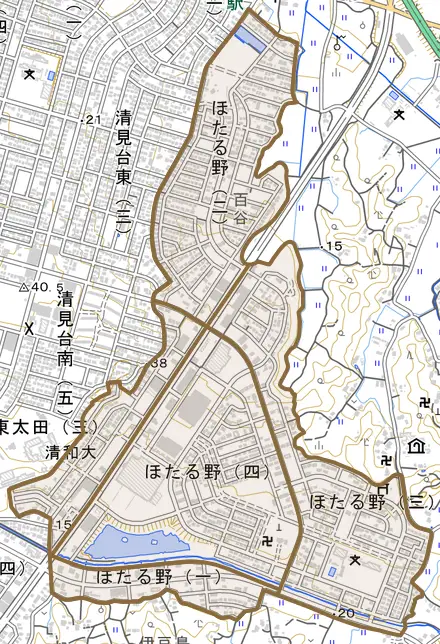 ほたる野とその周辺の地図。町の範囲を重ねている