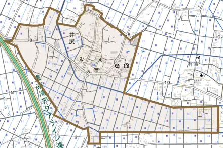 井尻とその周辺の地図。町の範囲を重ねている