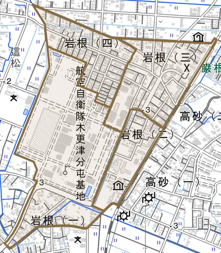 岩根とその周辺の地図。町の範囲を重ねている