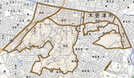請西とその周辺の地図。町の範囲を重ねている