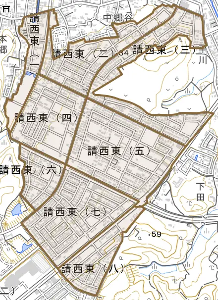 請西東とその周辺の地図。町の範囲を重ねている