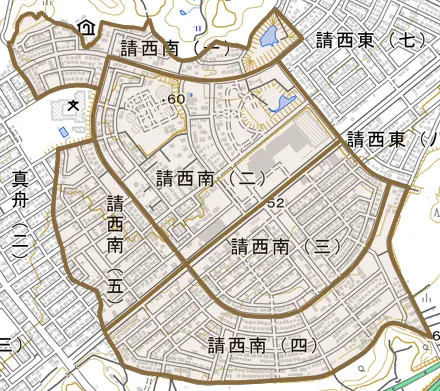 請西南とその周辺の地図。町の範囲を重ねている