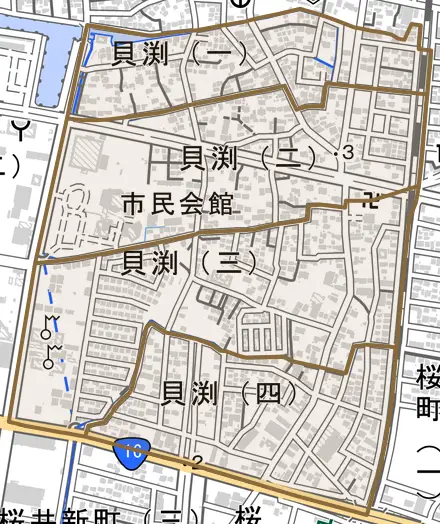 貝渕とその周辺の地図。町の範囲を重ねている