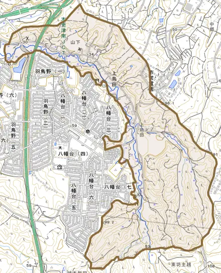 上烏田とその周辺の地図。町の範囲を重ねている