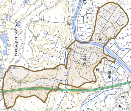 上根岸とその周辺の地図。町の範囲を重ねている