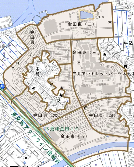 金田東とその周辺の地図。町の範囲を重ねている