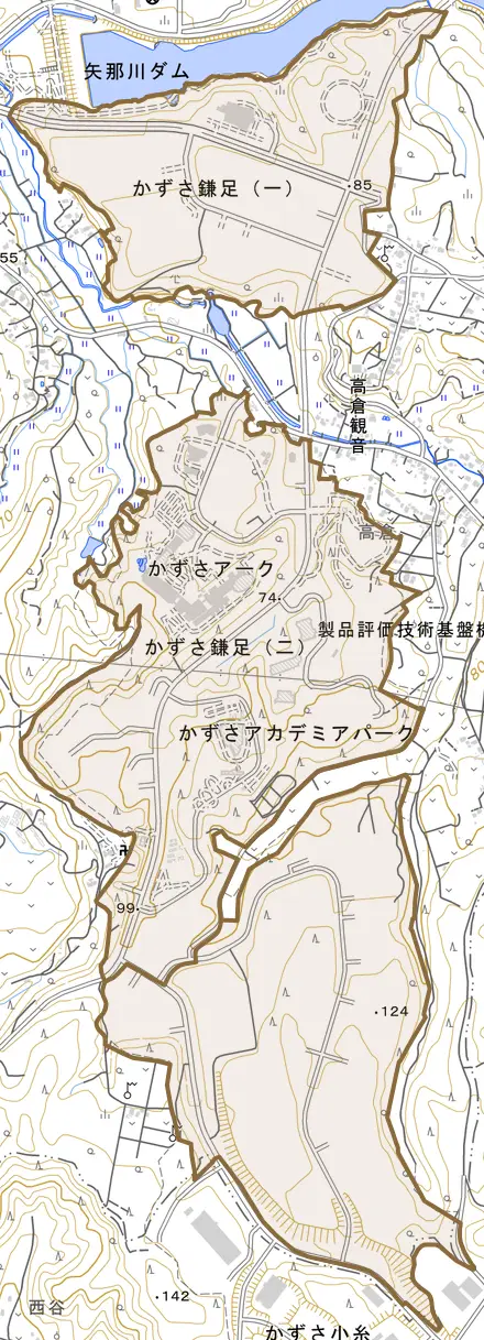 かずさ鎌足とその周辺の地図。町の範囲を重ねている