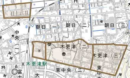 木更津とその周辺の地図。町の範囲を重ねている
