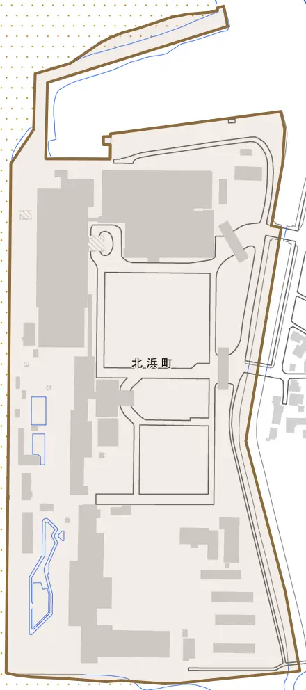 北浜町とその周辺の地図。町の範囲を重ねている