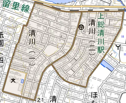 清川とその周辺の地図。町の範囲を重ねている