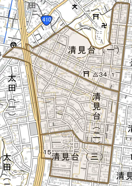 清見台とその周辺の地図。町の範囲を重ねている