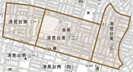 清見台東とその周辺の地図。町の範囲を重ねている