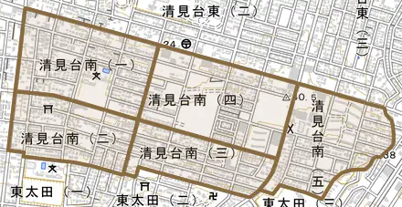 清見台南とその周辺の地図。町の範囲を重ねている