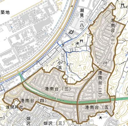 港南台とその周辺の地図。町の範囲を重ねている