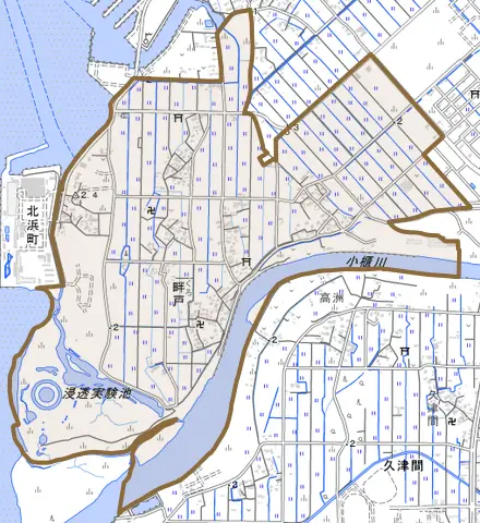 畔戸とその周辺の地図。町の範囲を重ねている