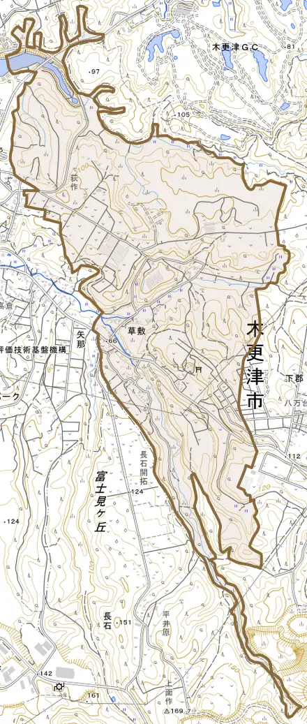 草敷とその周辺の地図。町の範囲を重ねている