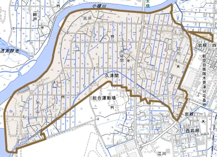 久津間とその周辺の地図。町の範囲を重ねている