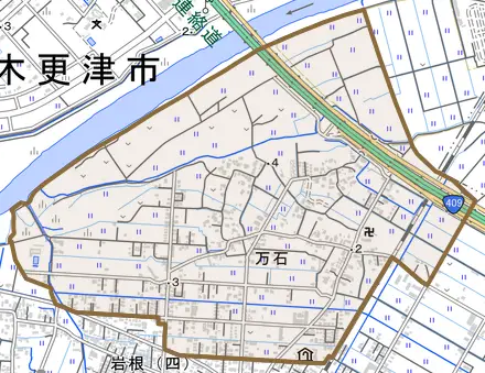 万石とその周辺の地図。町の範囲を重ねている