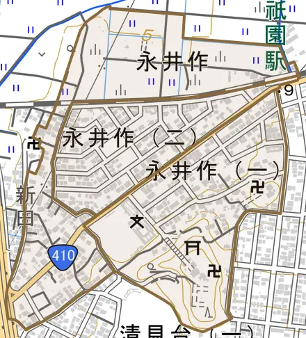 永井作とその周辺の地図。町の範囲を重ねている