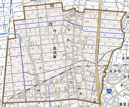 長須賀とその周辺の地図。町の範囲を重ねている