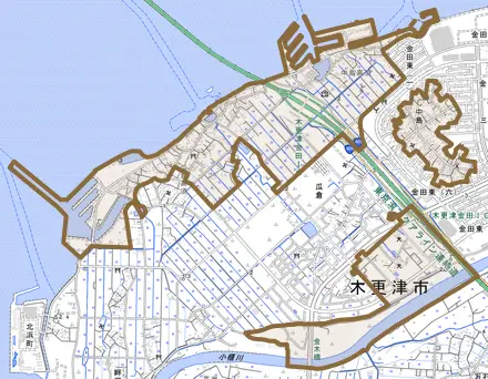 中島とその周辺の地図。町の範囲を重ねている
