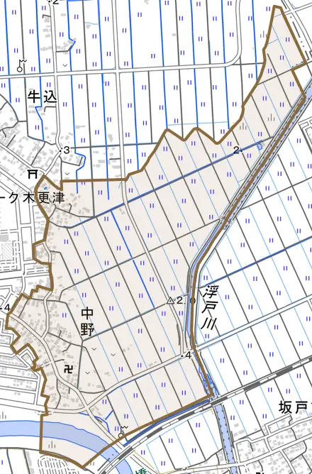 中野とその周辺の地図。町の範囲を重ねている