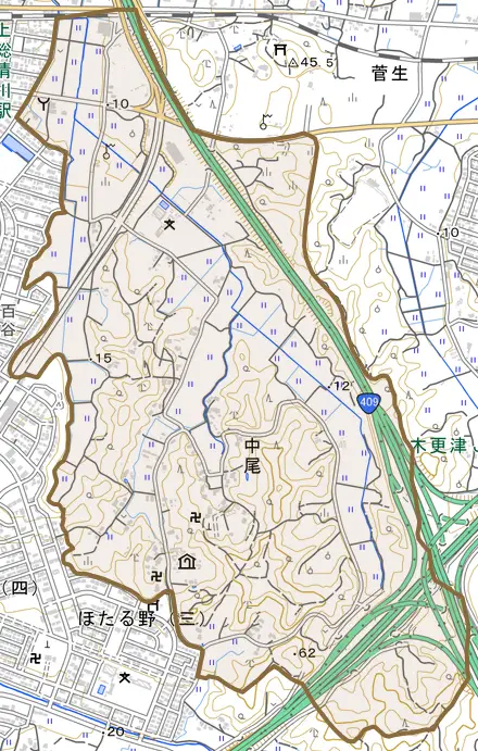 中尾とその周辺の地図。町の範囲を重ねている