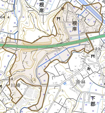 根岸とその周辺の地図。町の範囲を重ねている