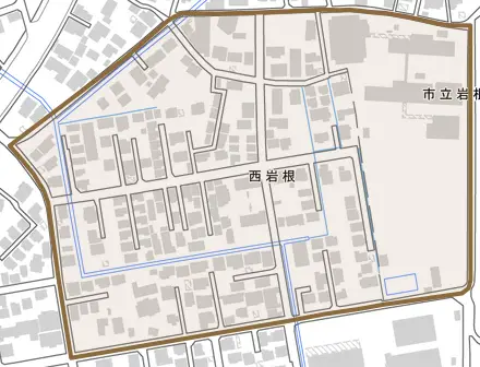 西岩根とその周辺の地図。町の範囲を重ねている