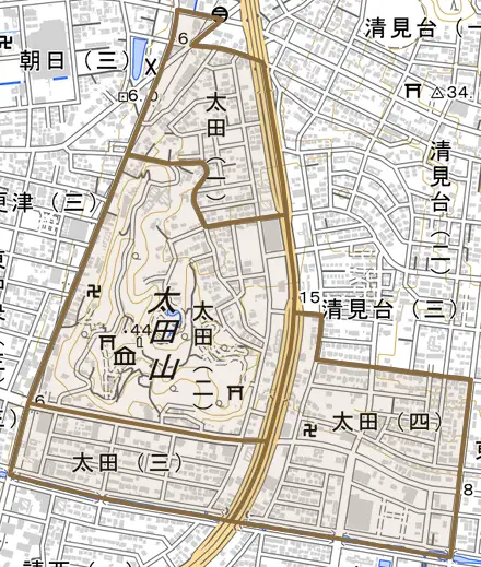 太田とその周辺の地図。町の範囲を重ねている