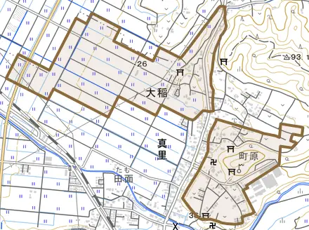 大稲とその周辺の地図。町の範囲を重ねている