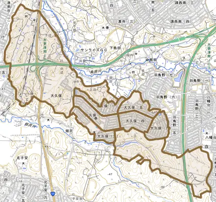 大久保とその周辺の地図。町の範囲を重ねている