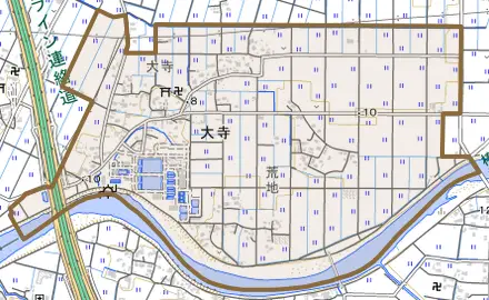大寺とその周辺の地図。町の範囲を重ねている