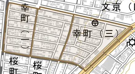 幸町とその周辺の地図。町の範囲を重ねている