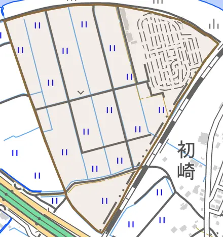 坂戸市場とその周辺の地図。町の範囲を重ねている