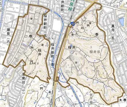 桜井とその周辺の地図。町の範囲を重ねている