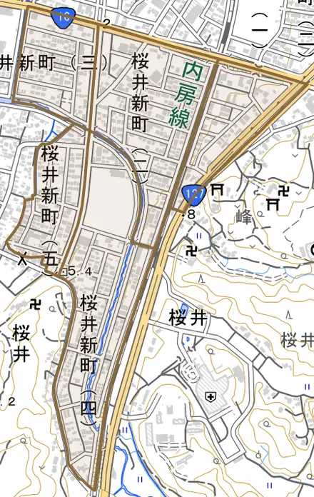 桜井新町とその周辺の地図。町の範囲を重ねている