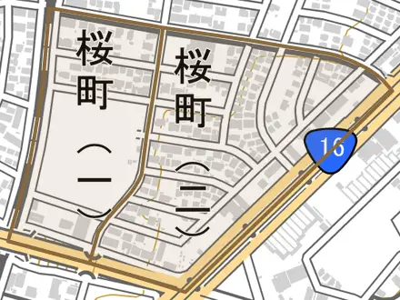 桜町とその周辺の地図。町の範囲を重ねている