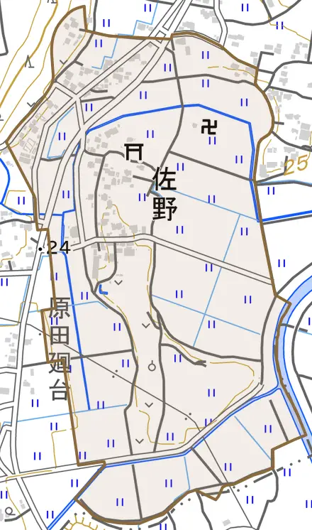 佐野とその周辺の地図。町の範囲を重ねている
